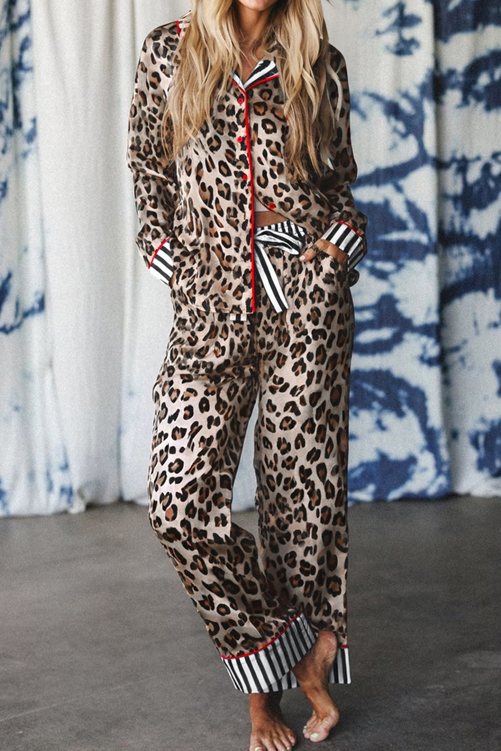 Womens Leopard Print Pajama Set – Colorblock Striped Shirt &amp; Pants, Cozy Lounge Sleepwear