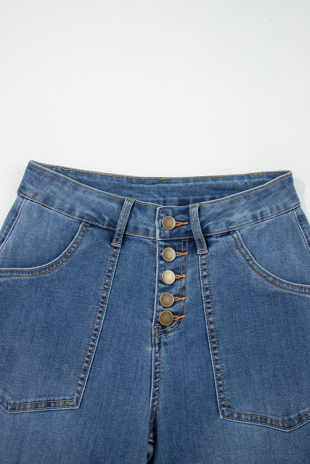 Blue Multi-Button Wide Leg Jeans – Women’s High Waist Stretch Denim with Pockets