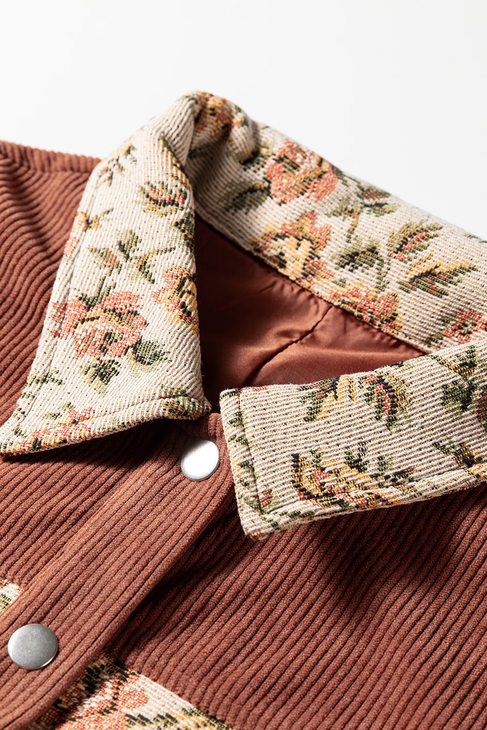 Women’s Fall Jacket – Brown Retro Floral Patchwork Western Shacket with Ribbed Texture