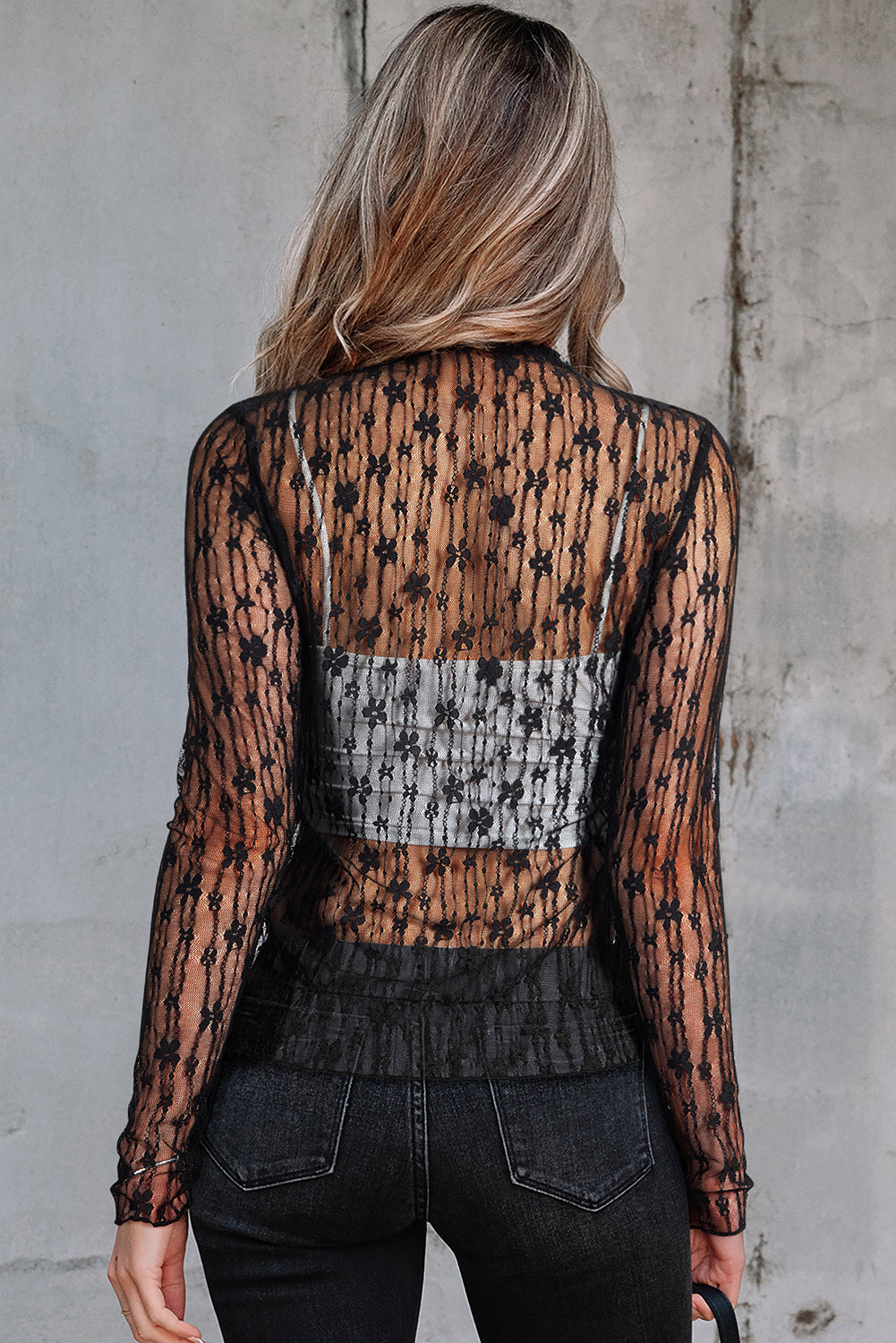 Black Sheer Floral Lace Long Sleeve Slim Fit Top, Womens Fall Western Shirt, Sexy Shirt