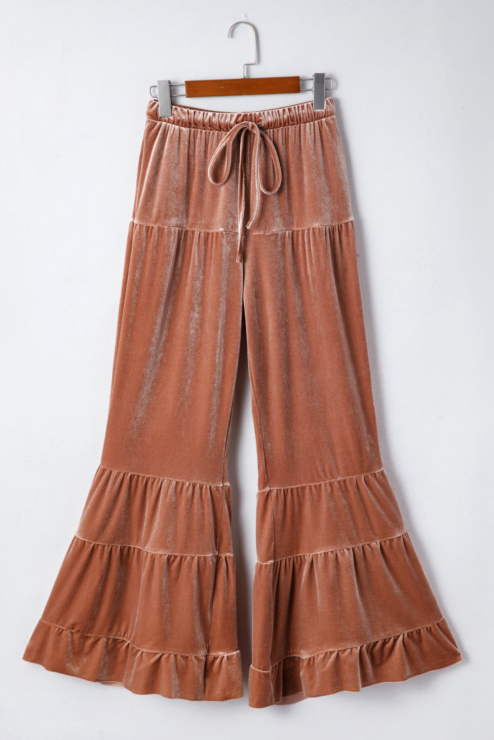 Women’s Brown Mineral Wash Bell Bottom Pants | High Waist Lace-Up Tiered Flare Pants