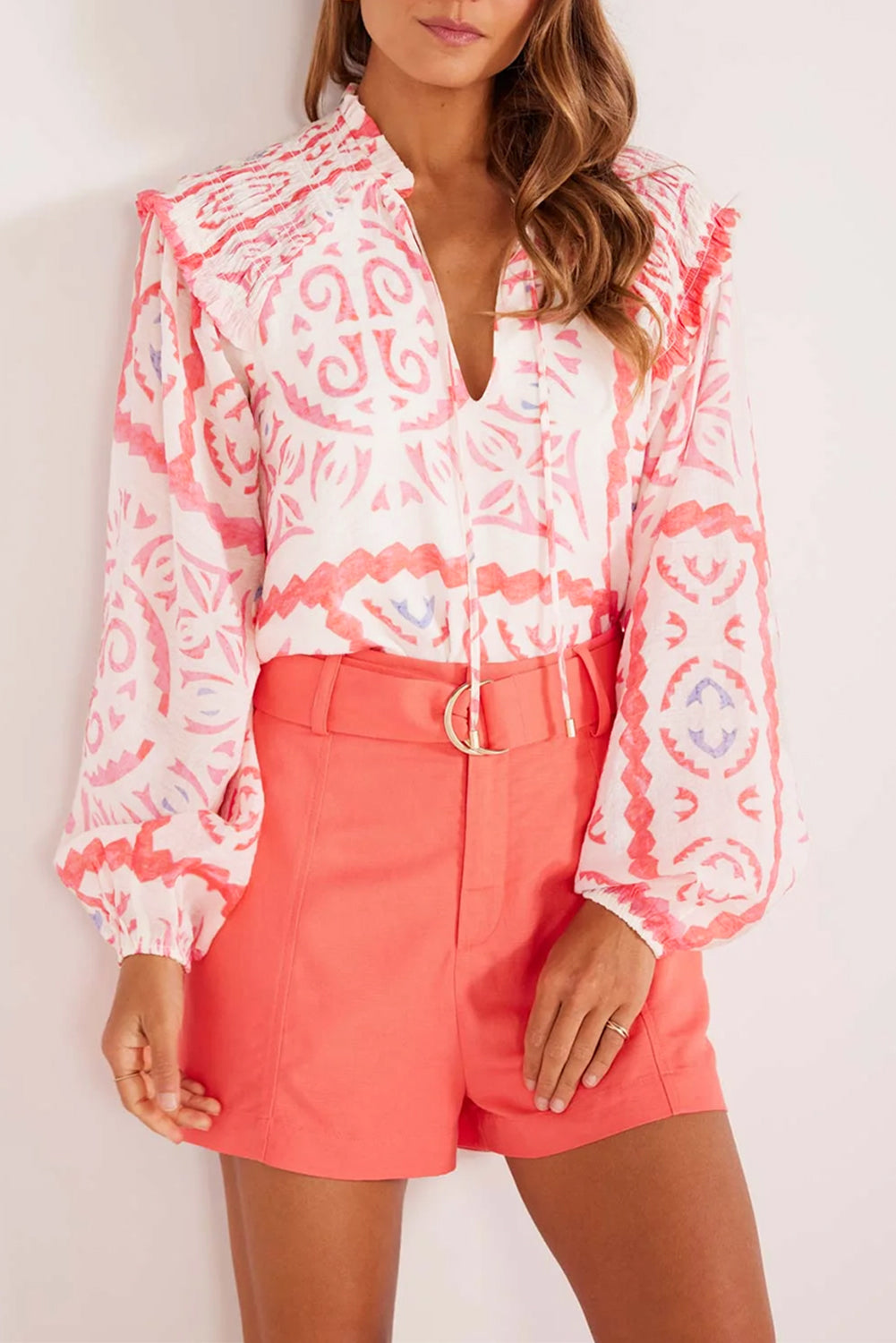 Desert Flower Vintage Print Vintage Western Blouse with Poet Collar & Blouson Sleeves | Loose Fit Printed Top