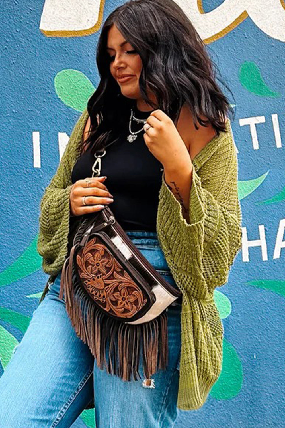 Women’s Fall Cardigan | Oversized Spinach Green Crochet Knit Open Front Sweater
