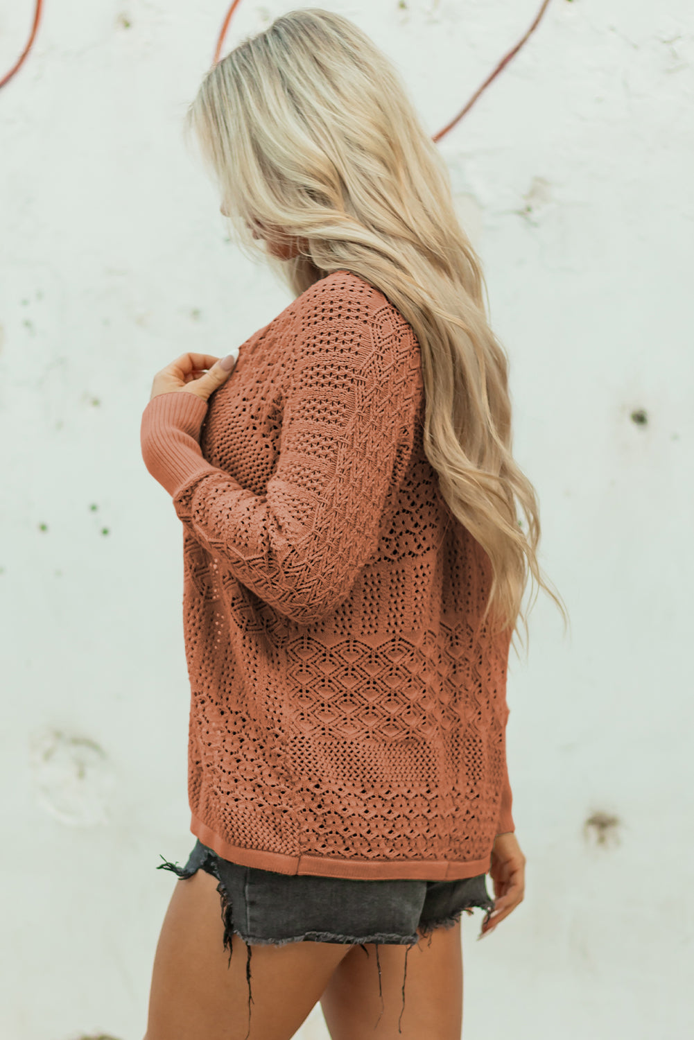 Womens Knit Cardigan – Redwood Burl Mix Pattern, Hollowed Open Front Fall Sweater