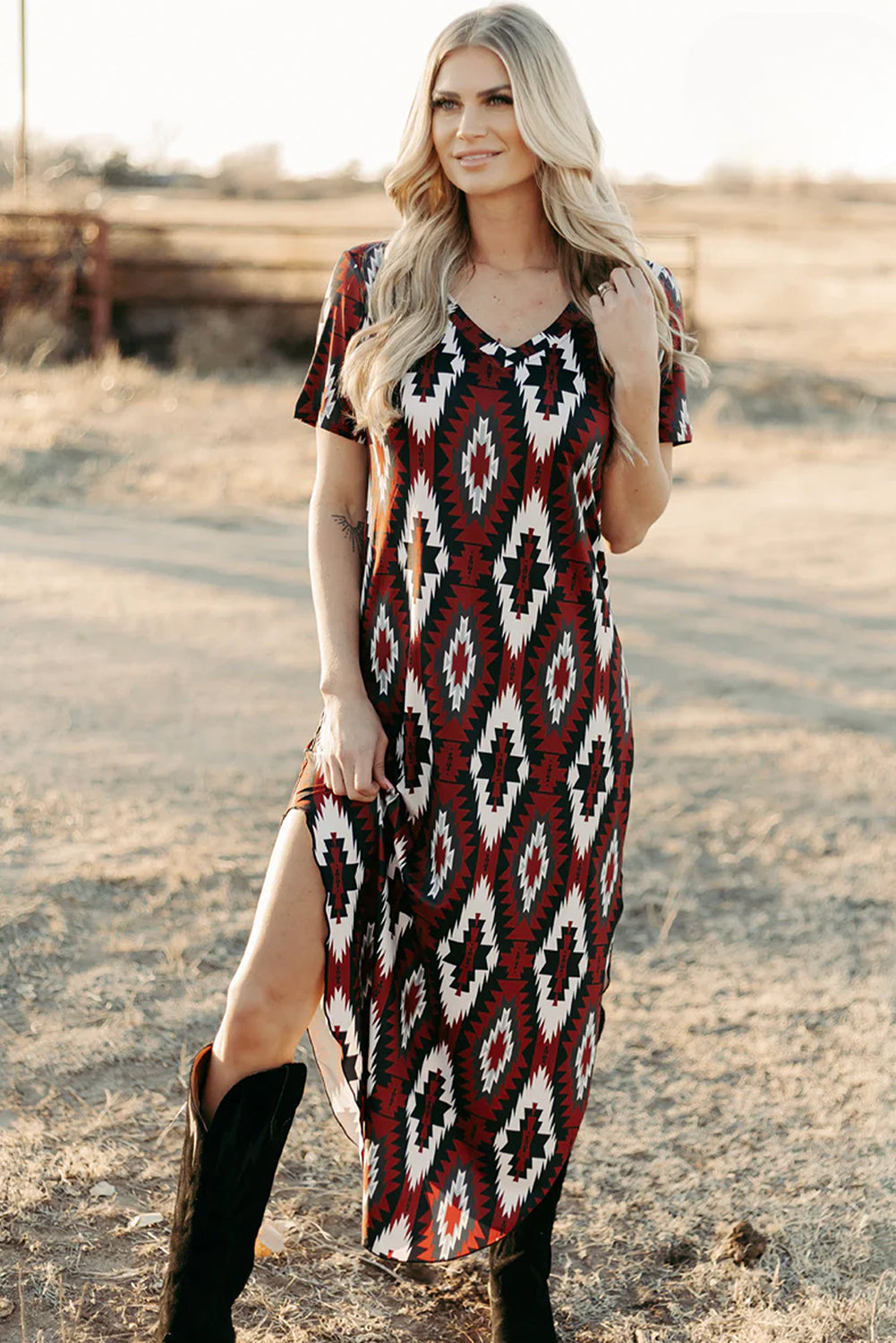 Red Western Aztec Print T-Shirt Dress | V-Neck Long Dress with Side Slits