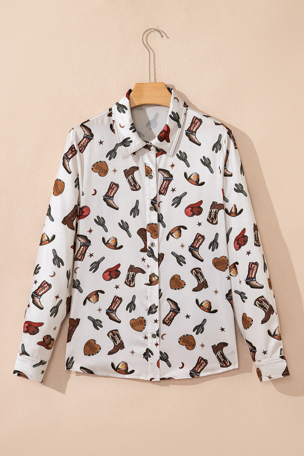 Women’s White Western Print Button Up Shirt – Cowgirl Boots Blouse, Casual Rodeo Top