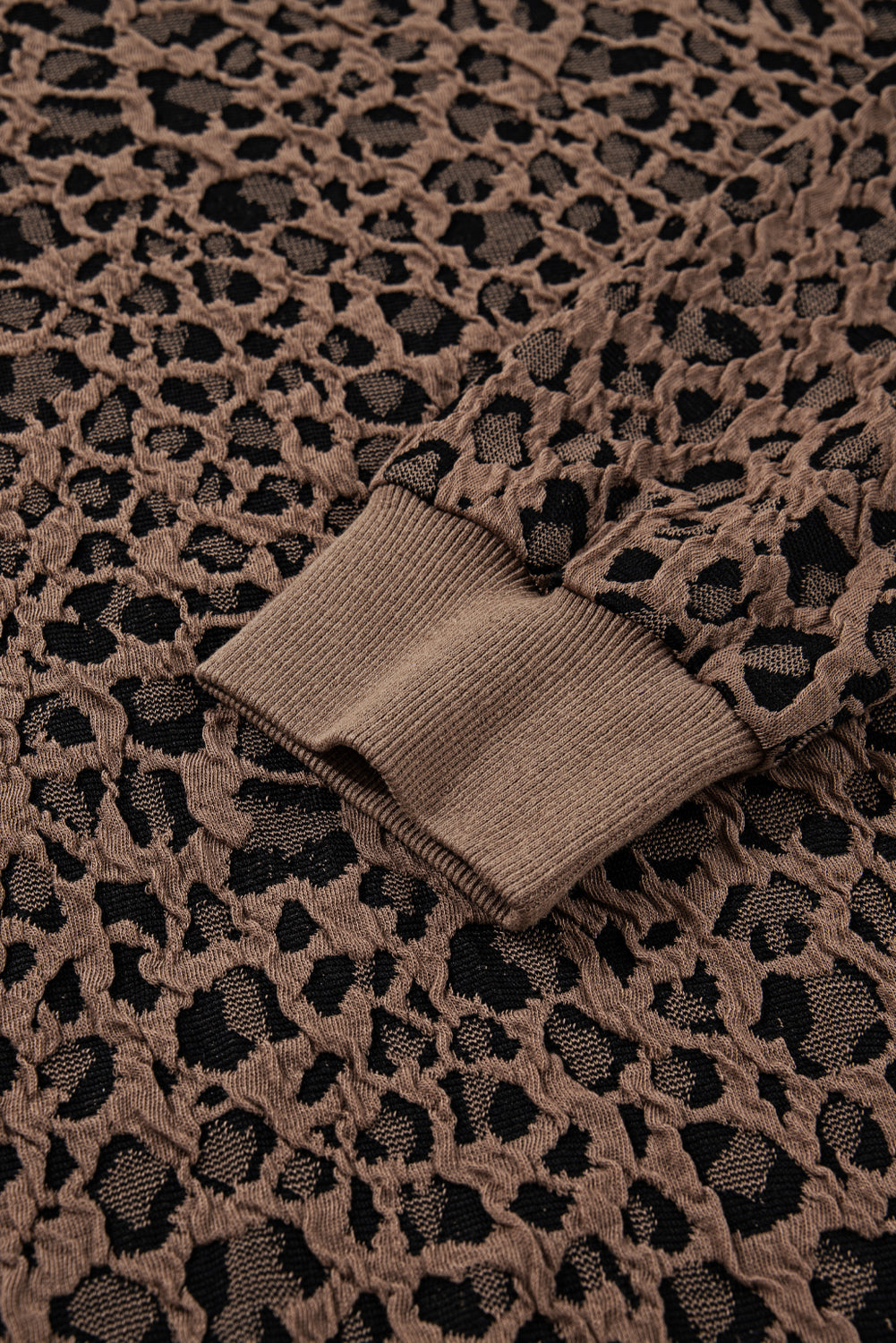 Womens Leopard Print Top, Brown Ribbed Trim Animal  Print Long Sleeve Top
