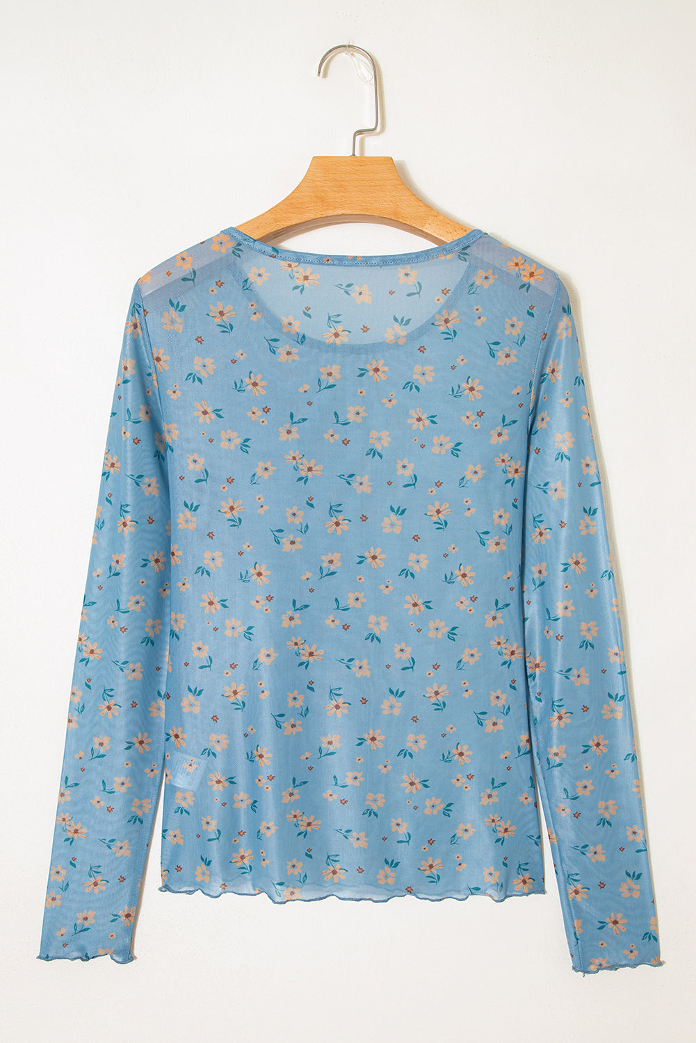Sky Blue Floral Mesh Top, Vintage Sheer Long Sleeve Blouse, Womens Slim Fit Southern Style Top, Sexy Sheer Lettuce Trim Shirt