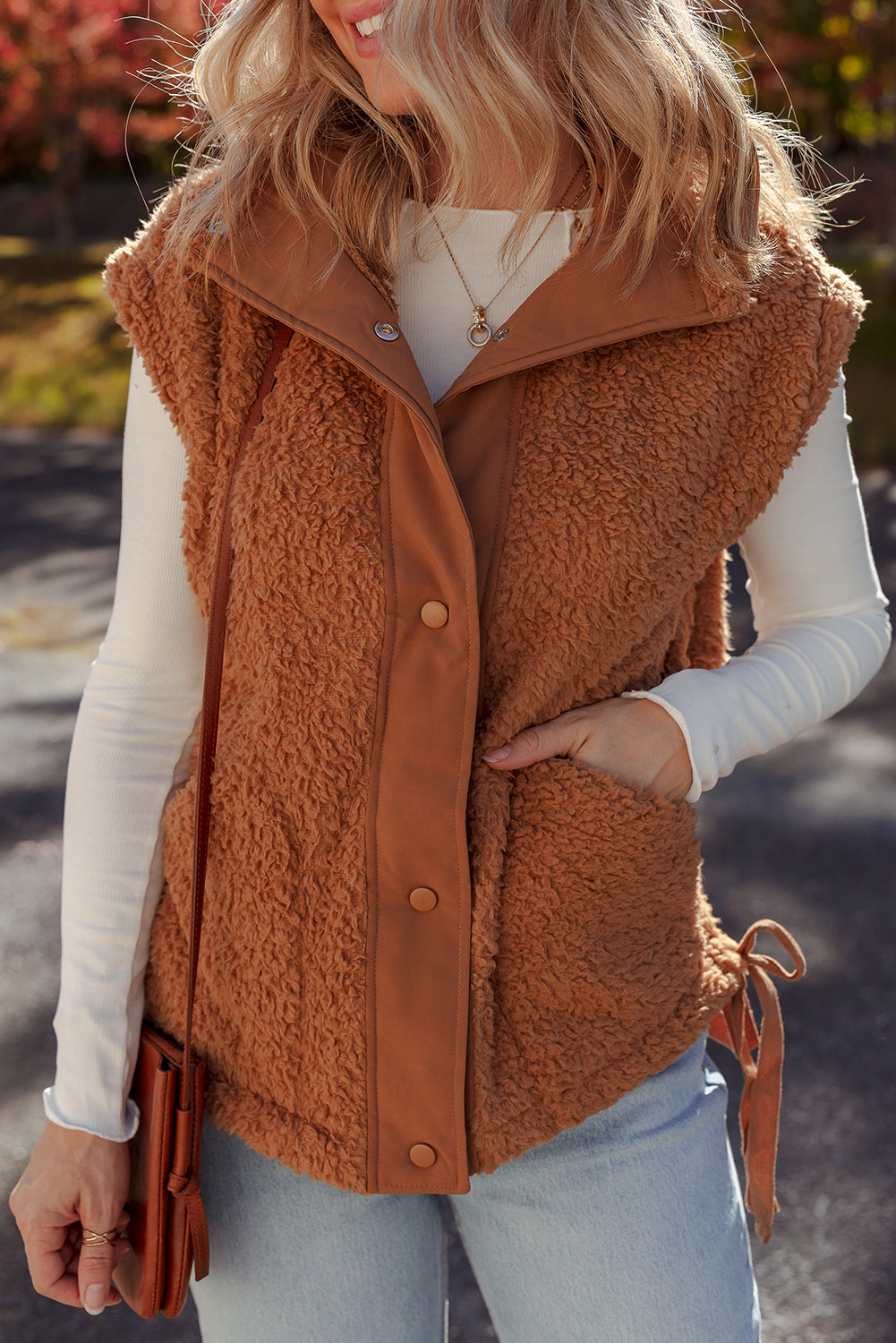 Cinnamon Faux Fur Vest – Snap Button Front Knot Side Plush Vest with Pockets, Cozy Layering Women’s Fall & Winter Fashion Outerwear