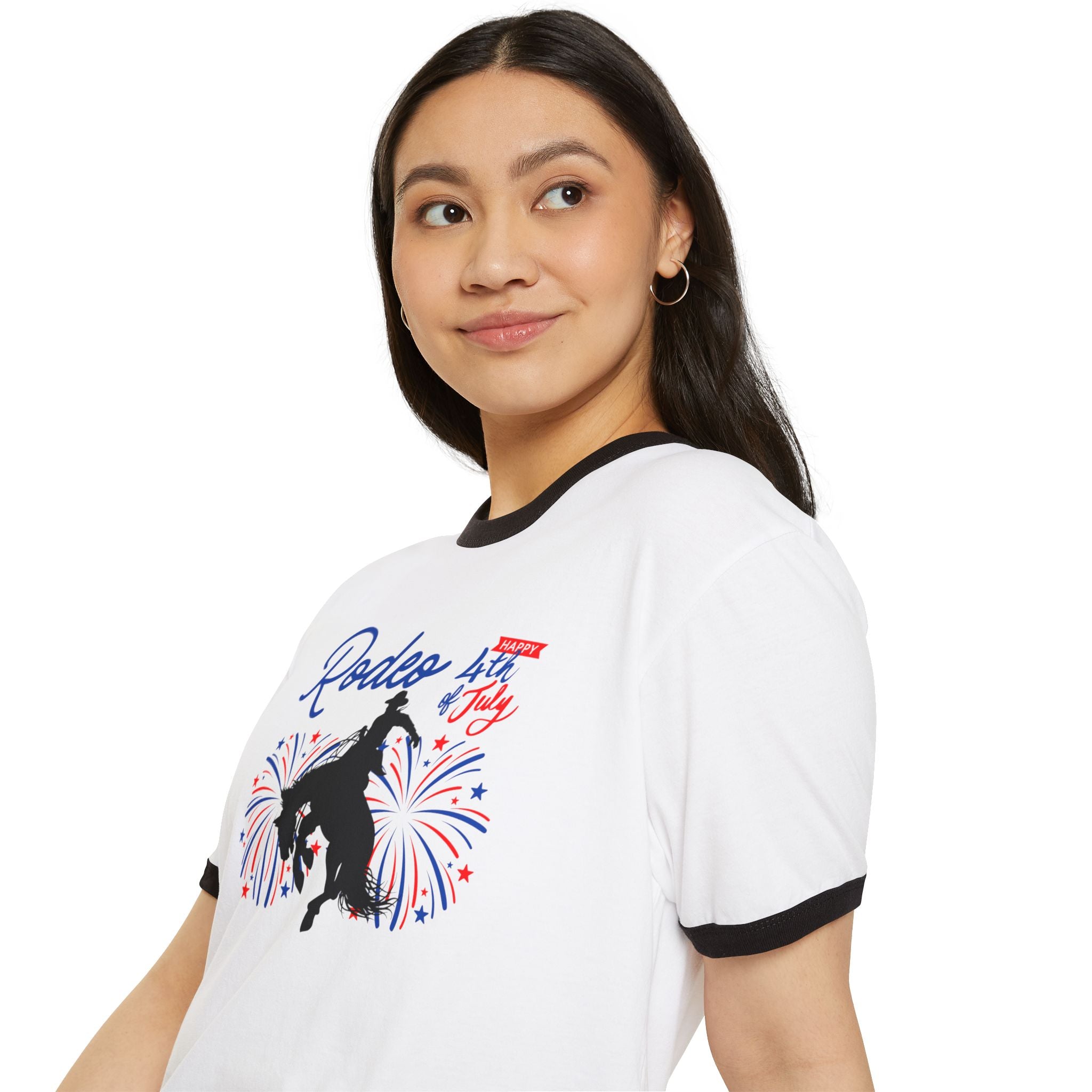 Rodeo Cowboy 4th of July Shirt, Western Ringer Tee with Fireworks Design