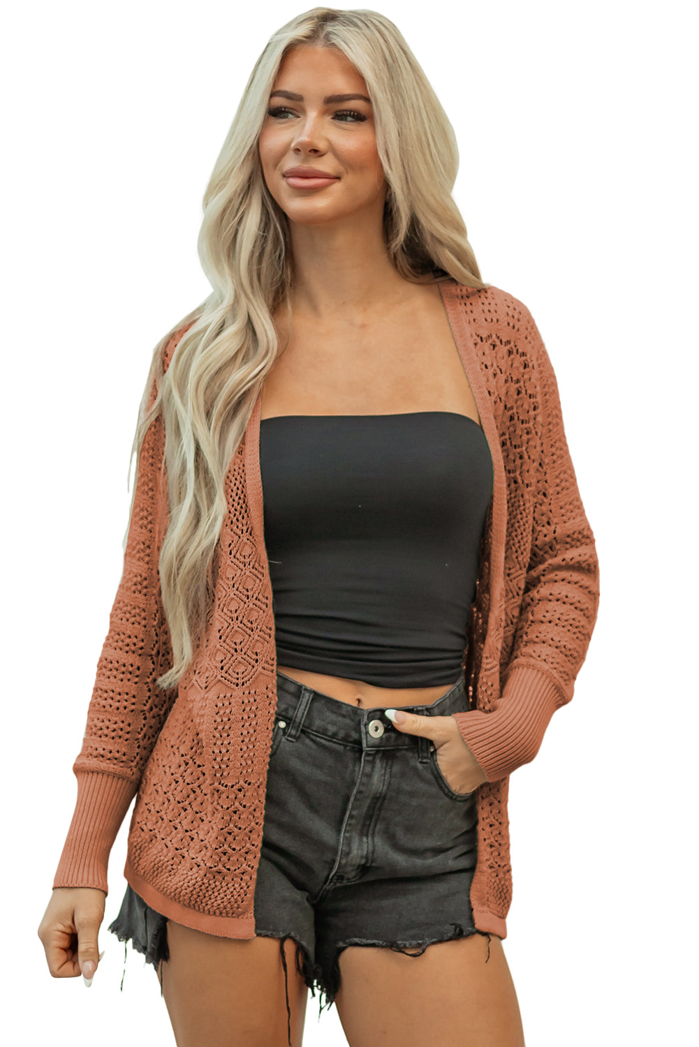 Womens Knit Cardigan – Redwood Burl Mix Pattern, Hollowed Open Front Fall Sweater