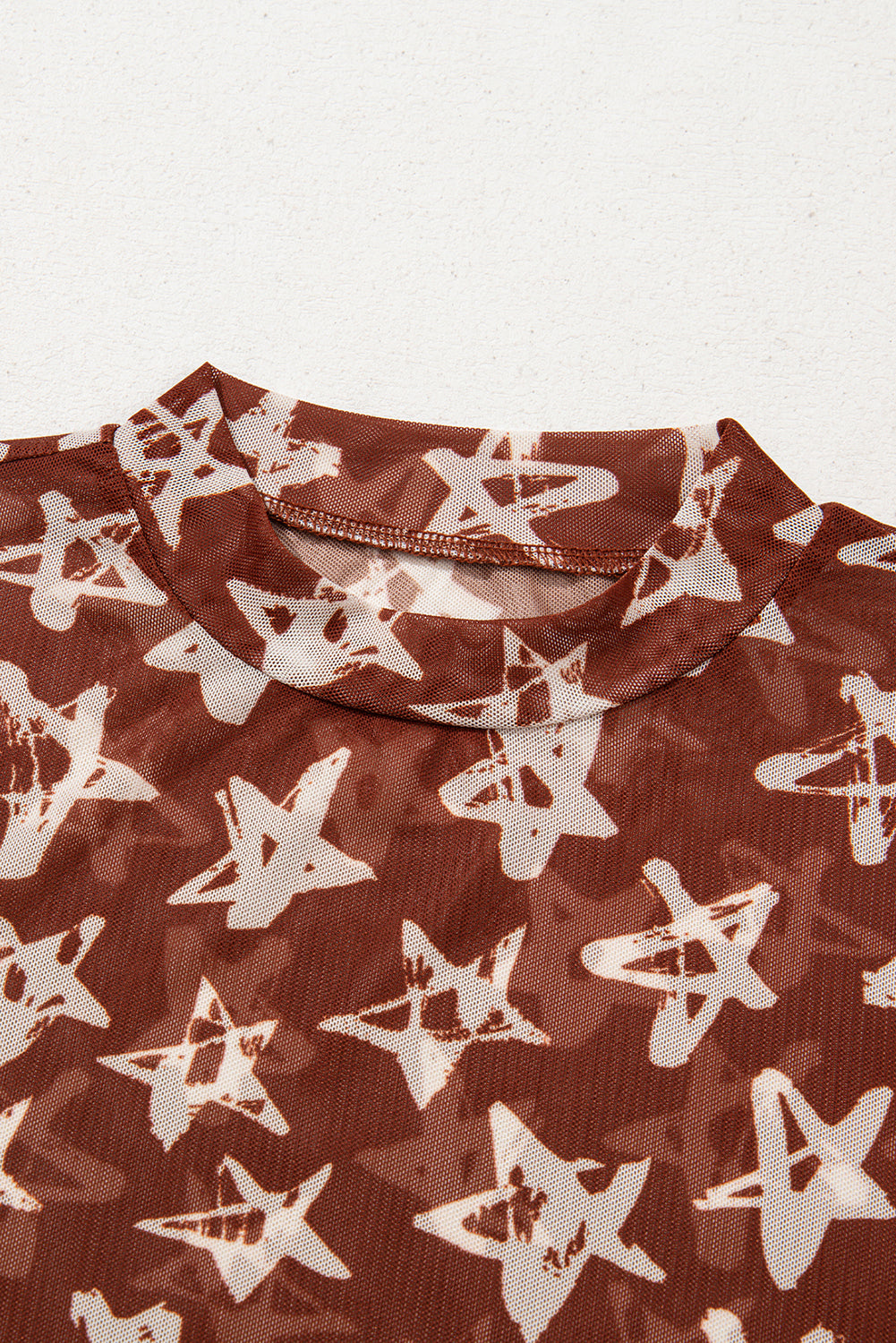 Red Mesh Star Print Mock Neck Top – Sheer Long Sleeve Slim Fit Party Shirt