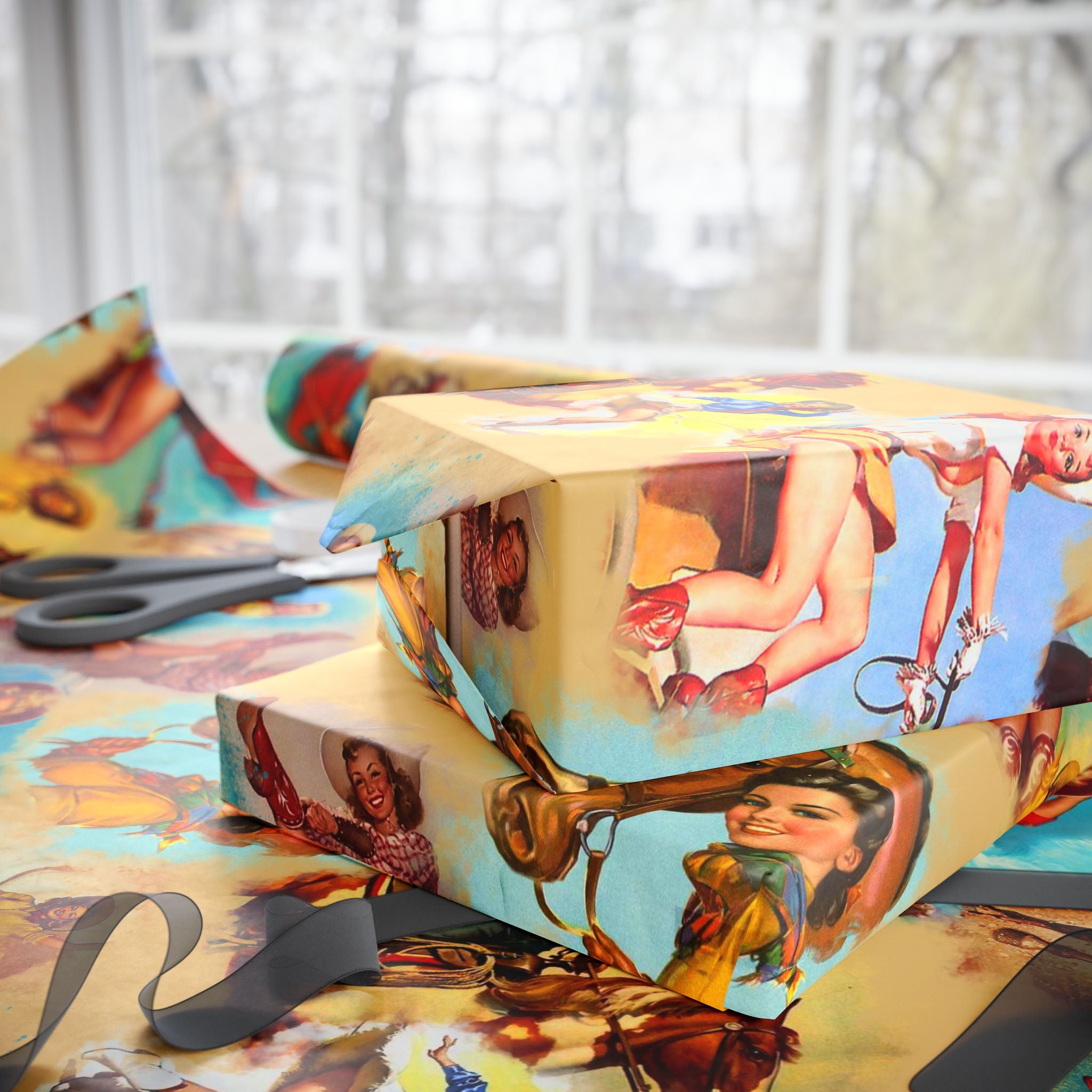 Vintage Cowgirl Wrapping Paper,  Retro Western Gift Wrap for Birthdays, Holidays & Boho Cowgirl Celebrations