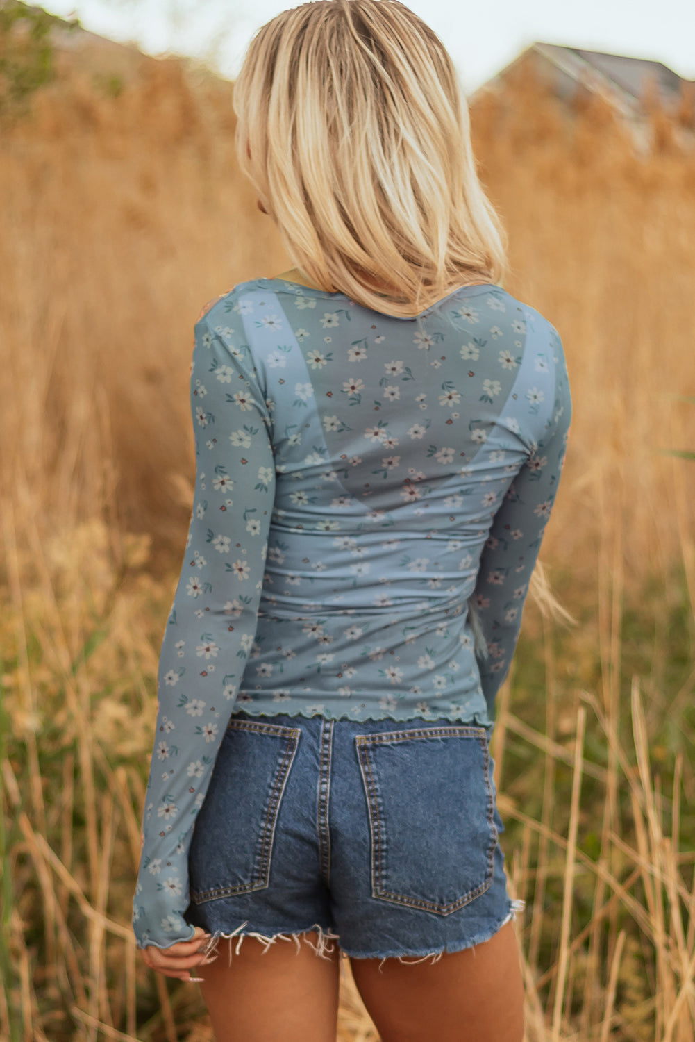 Sky Blue Floral Mesh Top, Vintage Sheer Long Sleeve Blouse, Womens Slim Fit Southern Style Top, Sexy Sheer Lettuce Trim Shirt