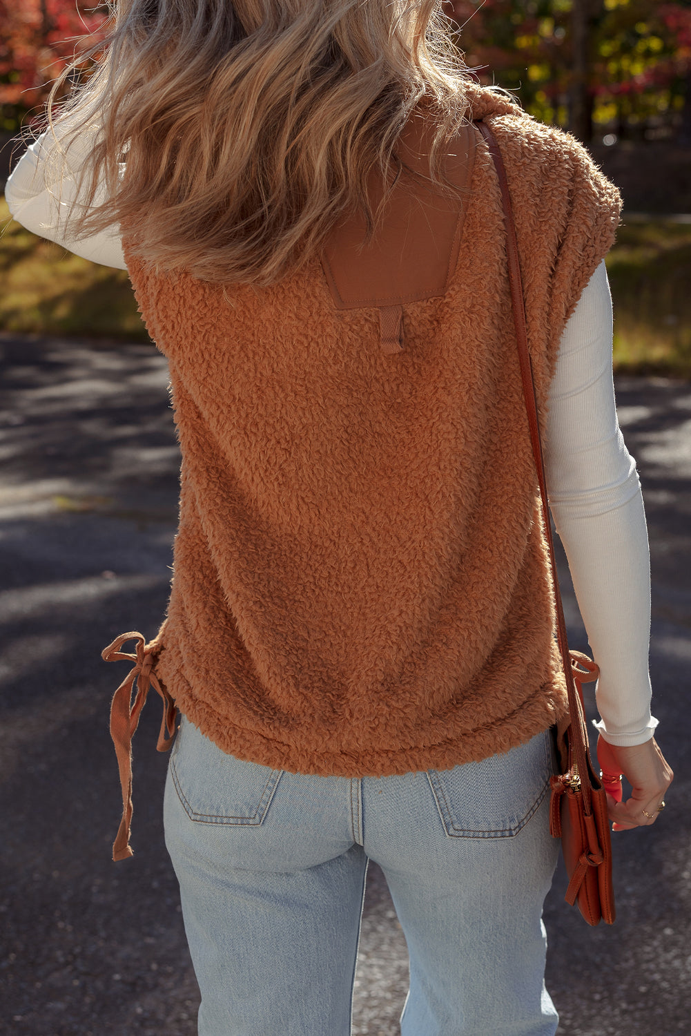 Cinnamon Faux Fur Vest – Snap Button Front Knot Side Plush Vest with Pockets, Cozy Layering Women’s Fall & Winter Fashion Outerwear