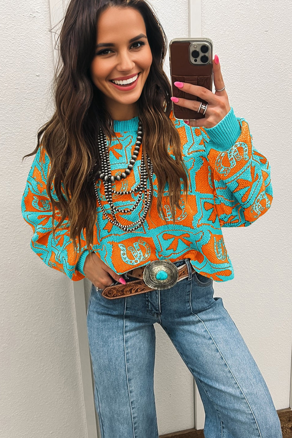 Turquoise Western Sweater – Bows & Horseshoes Knit Pullover, Cozy Cowgirl Fashion Top