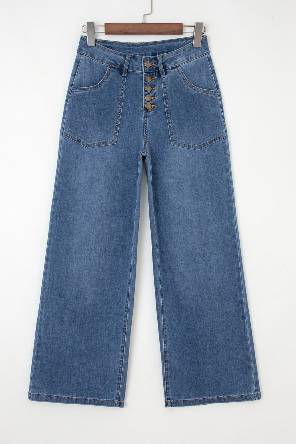 Blue Multi-Button Wide Leg Jeans – Women’s High Waist Stretch Denim with Pockets