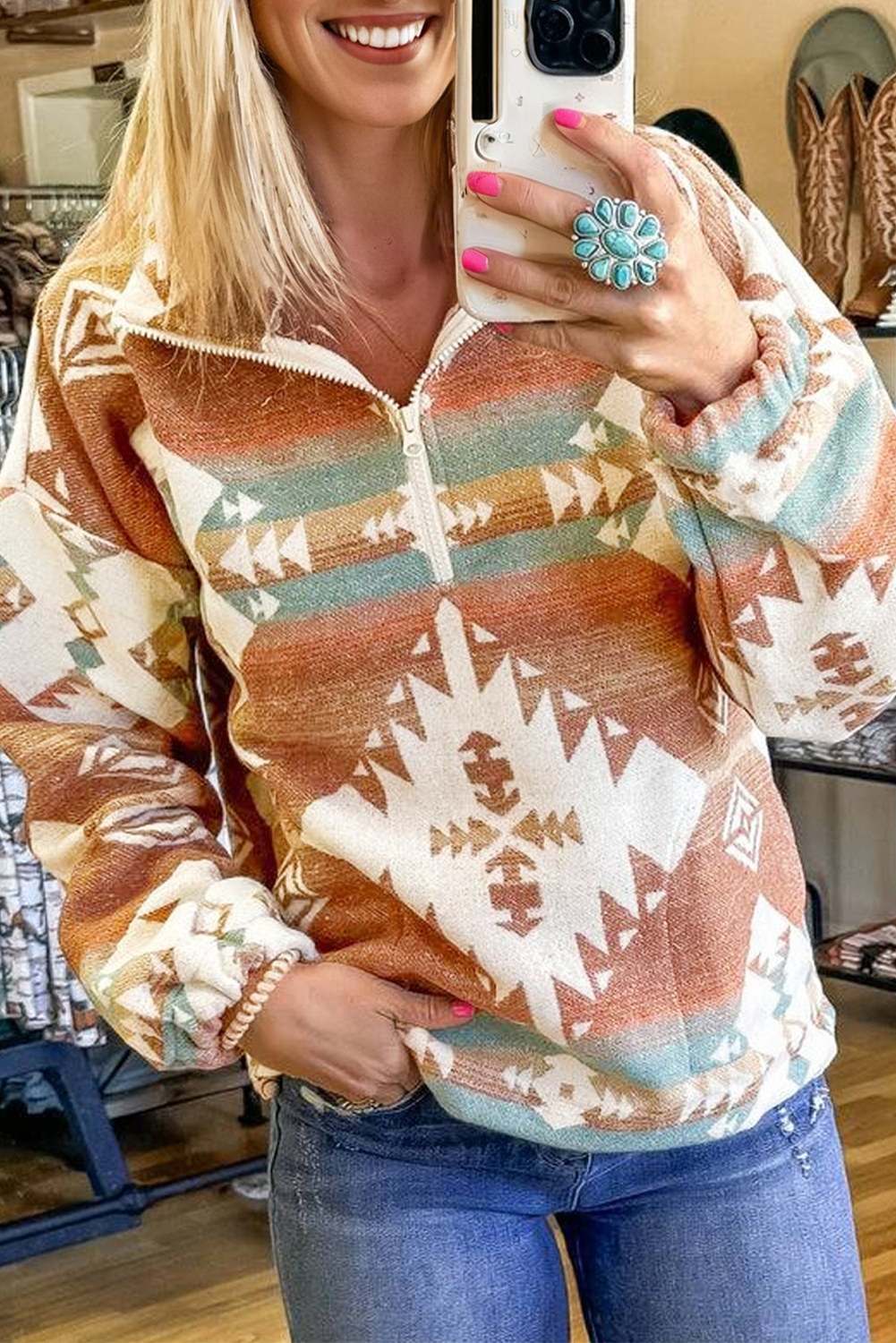 Fall Aztec Quarter Zip Pullover – Women’s Khaki Southwestern Western Sweatshirt