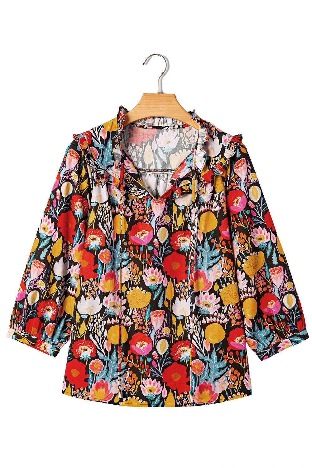 Fall Floral Blouse – Women’s Black Ruffle Neck Tie Top with 3/4 Puff Sleeves