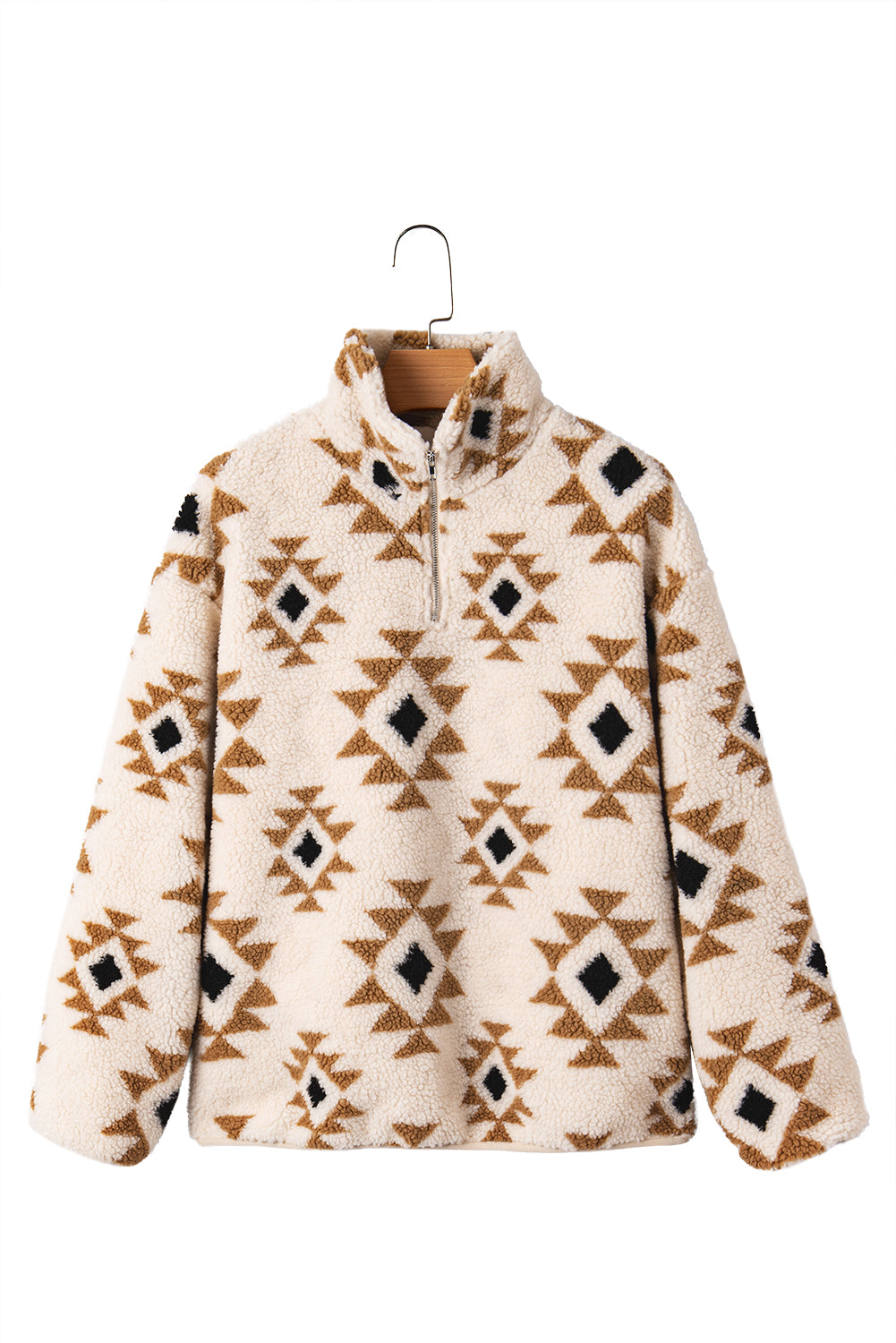 Khaki Aztec Sherpa Quarter Zip Sweatshirt – Cozy Western Print Pullover, Warm Fleece Half Zip Women’s Fall & Winter Casual Top