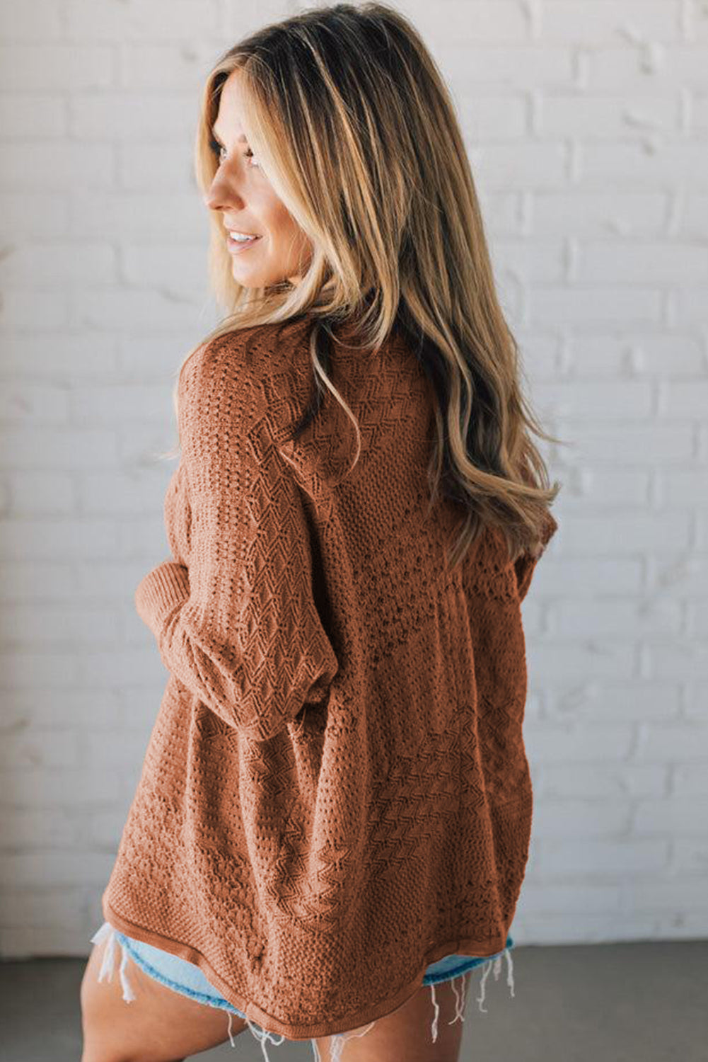 Womens Knit Cardigan – Redwood Burl Mix Pattern, Hollowed Open Front Fall Sweater