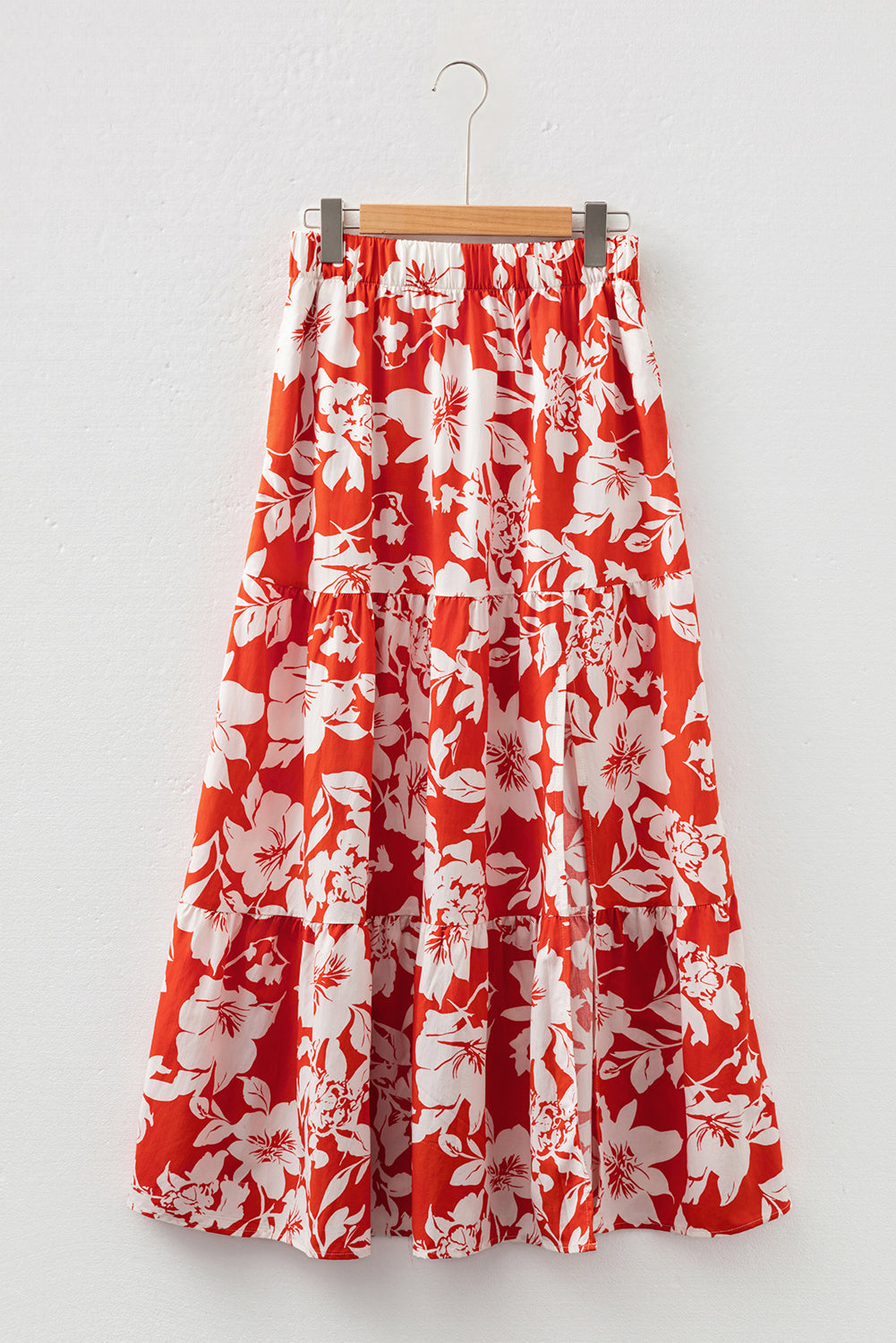 Red High Split Floral Maxi Skirt – Western Cowgirl Boho Skirt with Elastic Waist, Flowy Long Floral Skirt Women’s Country Concert Outfit