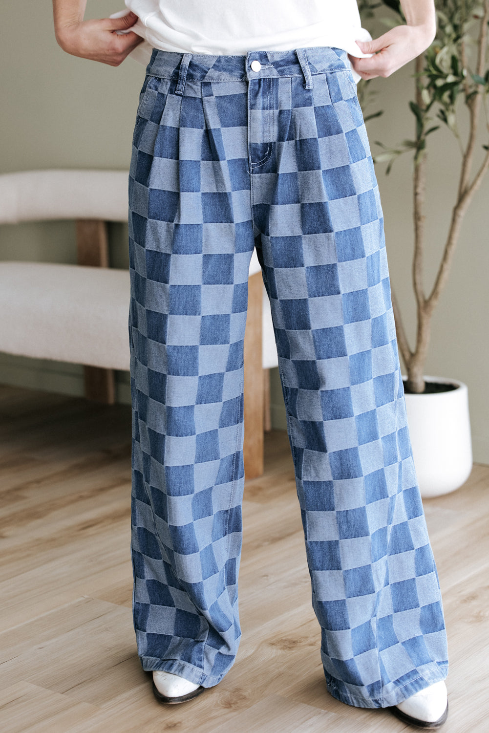 Blue Checkered Wide Leg Jeans – Retro Plaid Denim Pants, Women’s Casual High Waist Wide Leg Jeans with Pleats