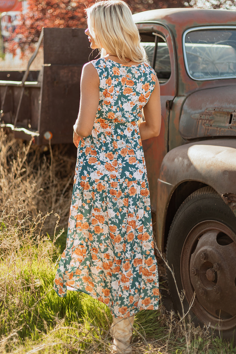 Green Floral Print Tie Waist Long Dress | Sleeveless V-Neck Tiered Maxi Dress