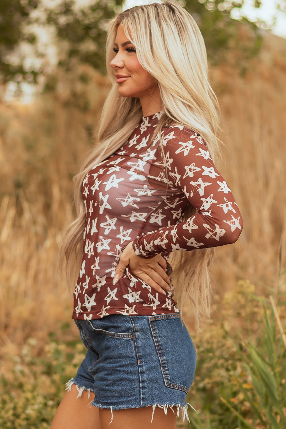 Red Mesh Star Print Mock Neck Top – Sheer Long Sleeve Slim Fit Party Shirt