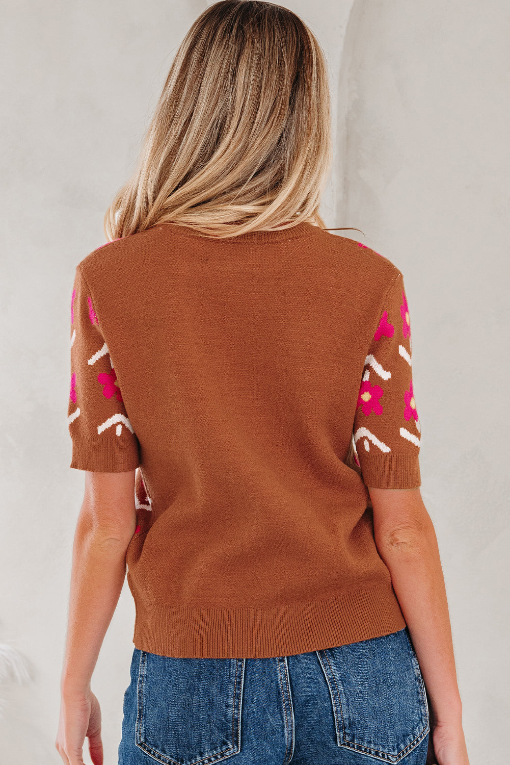Women’s Fall Floral Sweater | Brown &amp; Pink Short Puff Sleeve Knit Top