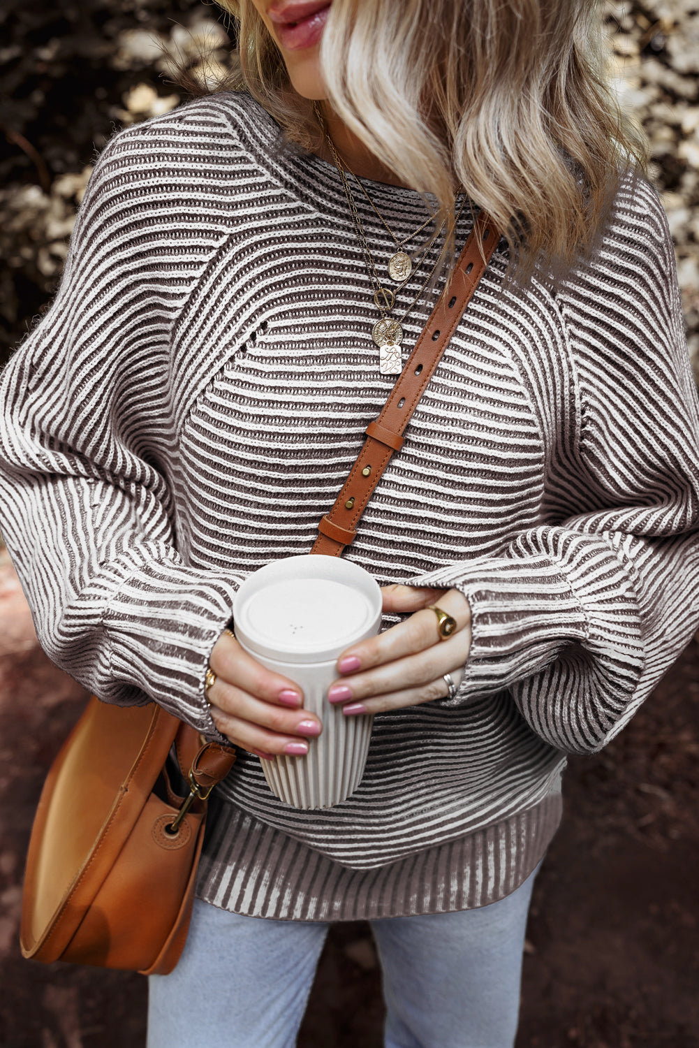 Coffee Striped Ribbed Knit Sweater, Womens Boat Neck Oversized Sweater, Cozy Baggy Striped Knit Top, Classic Ribbed Pullover