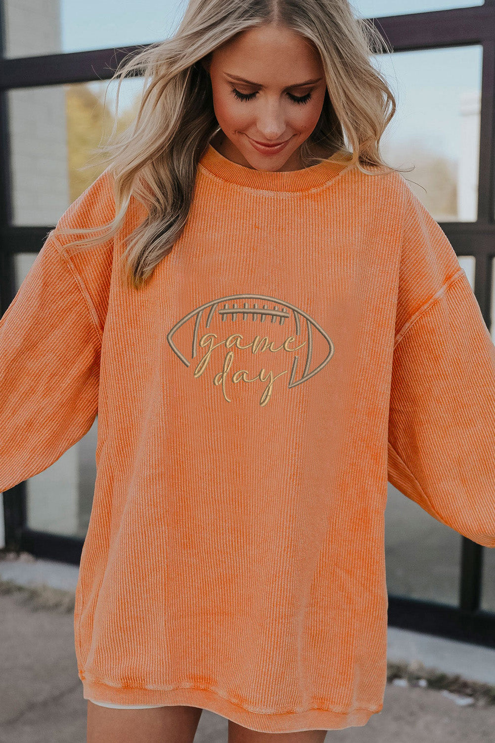 Orange Game Day Corduroy Sweatshirt – Embroidered Football Pullover, Oversized Fall & Winter Gameday Outfit Women’s Cozy Ribbed Top