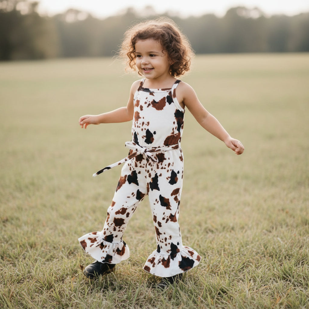 Adorable Cow Print Outfit for your little cowgirl—this Cowgirl Jumpsuit is the perfect choice for birthdays, special events, or everyday fun! 🤠😍

