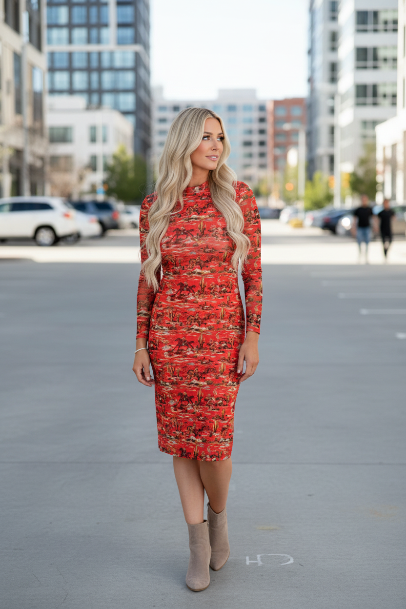 woman wearing red cowboy print dress Adult woman wearing red cowboy print bodycon midi dress, standing confidently outdoors on a sidewalk or parking lot, natural daylight, full body visible head-to-toe, modern everyday fashion photography, neutral boots or heels, relaxed posture, no posing, no western props