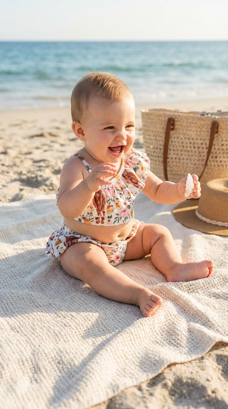 BABYSITTING ON BEACH WEARING COTTISH HIGHLANDER cow print AND FLORAL PRINT SKIRTED TANKINI swimsuit