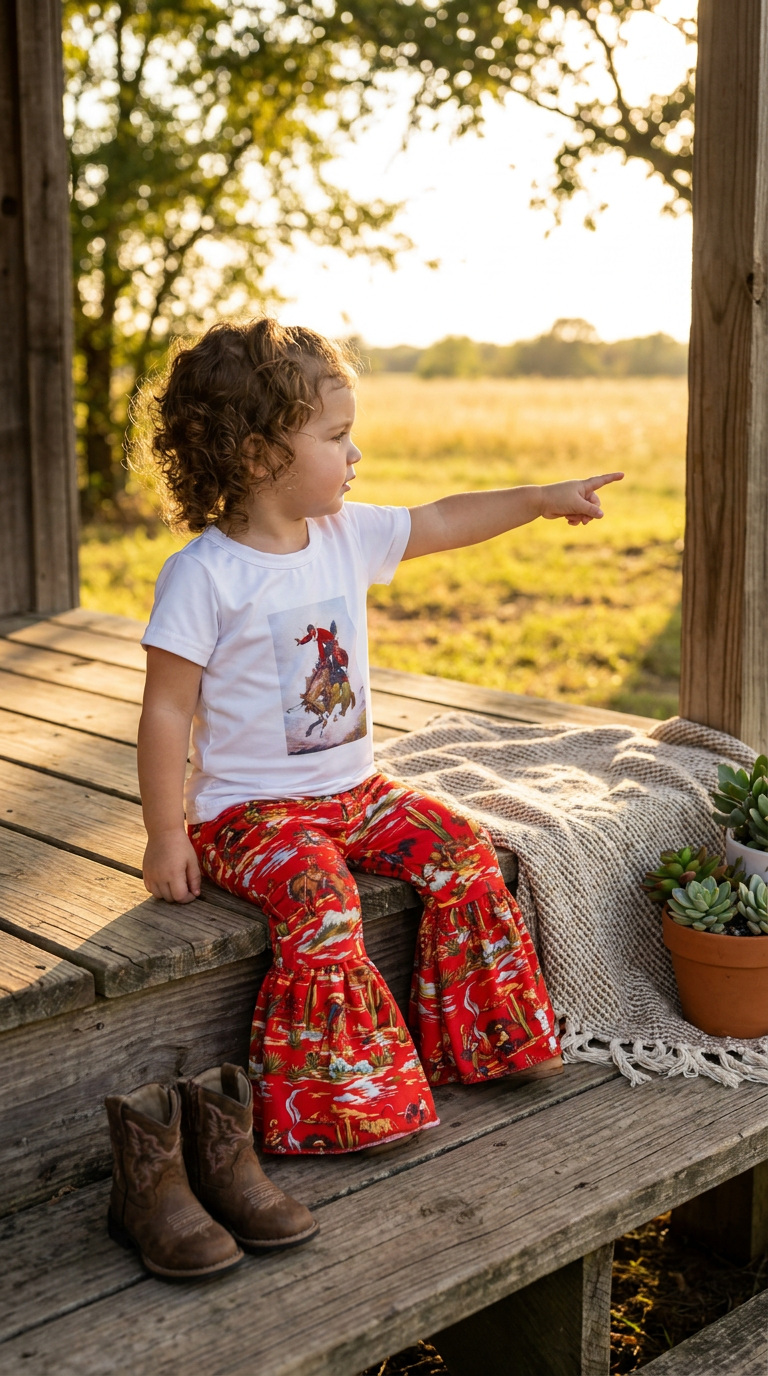Child sitting on a wooden deck pointing towards a field with a sunset WHILE WEARING MATCHING BELL BOTOM OUTFIT WITH COWBOYS ON IT