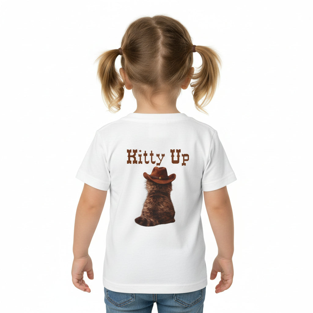 White t-shirt with a cat wearing a cowboy hat and 'Kitty Up' 