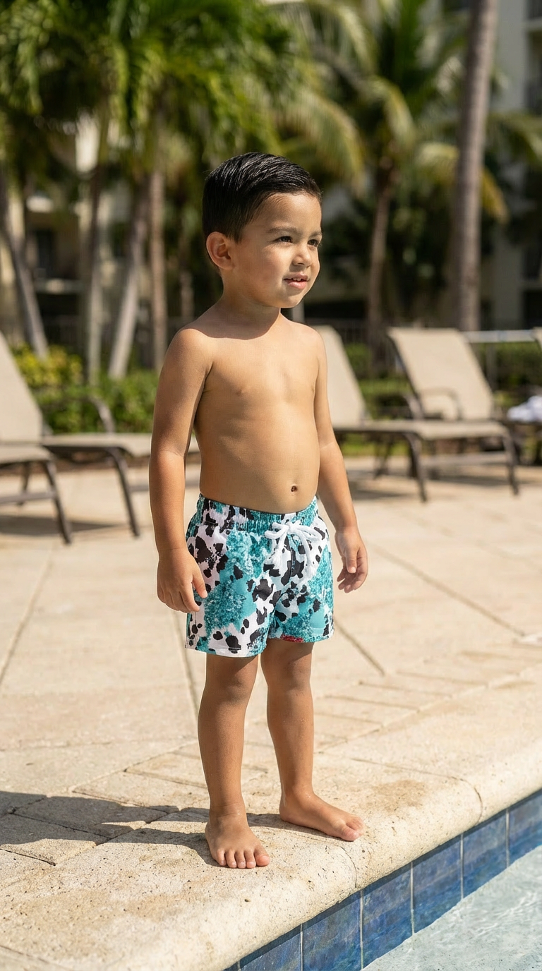 Young boy in swim shorts standing by a pool with palm trees in the background