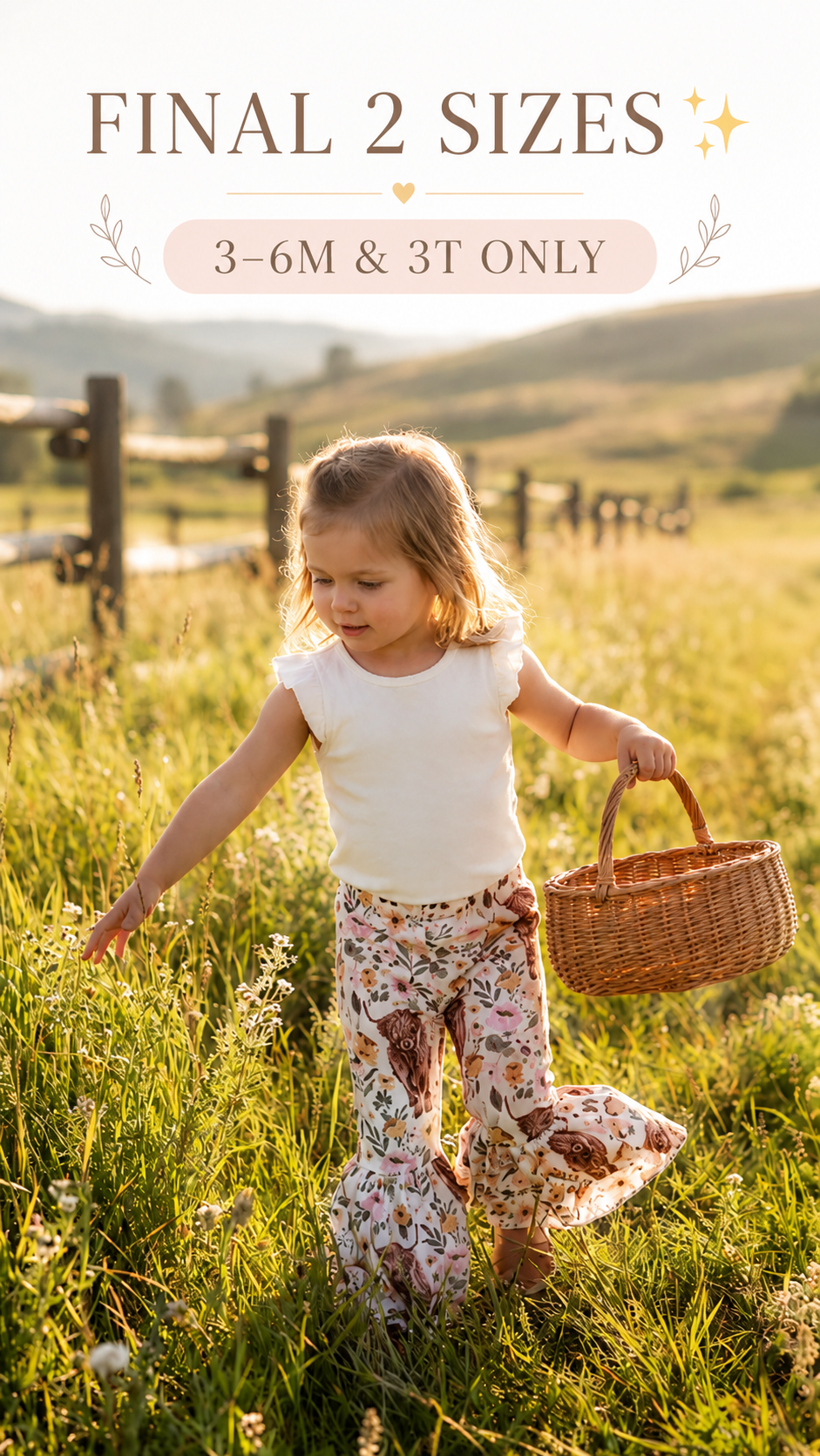 Young girl in a field holding a basket WEARING RAZELS SCOTTISH HIGHLANDER FLORAL BELL BOTTOM PANTS with text about final sizes- ONLY 3-6 MONTHS AND 3T LEFT