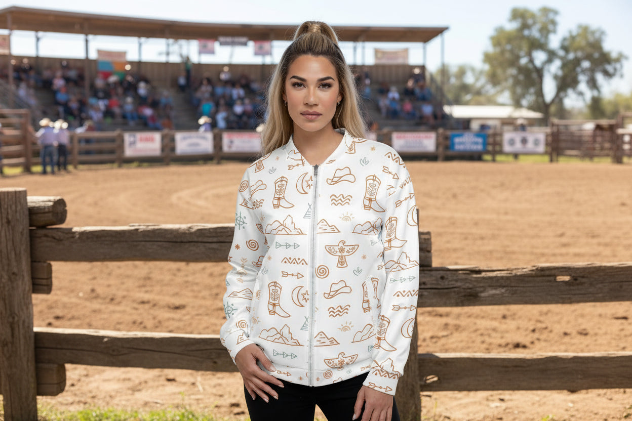 Beige & White Western Motif Bomber Jacket | Fall Cowgirl Style 🤠
Saddle up for cooler days in this bold and cozy Cowboy-themed jacket! Featuring a dreamy blend of classic Western elements—cowboys, cacti, sunbursts, thunderbirds, and steer heads—this all-over print bomber is a perfect statement piece for fall.

✓ Cozy brushed fleece interior
✓ Unisex relaxed fit—perfect for layering
✓ Durable silver YKK zipper & sturdy neck tape
✓ All-over Western print in soft beige & white tones