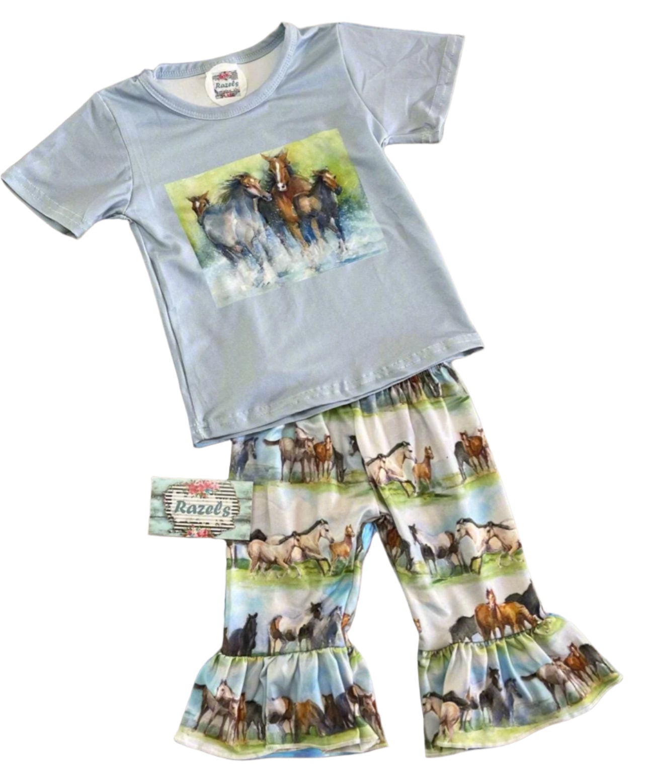 Bell Bottom Outfit Vintage Horse Pants & Retro Horse Shirt Girls Western Style Cute Print
