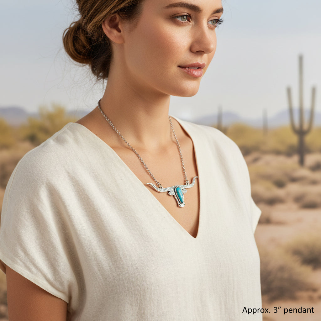 Bold and Beautiful: Split Chain Longhorn Necklace with Turquoise Stone. Embrace a bold, Western style with our stunning Split Chain Longhorn Necklace—designed for those who truly & grab life by the horns. Ships FREE with $35+ purchase