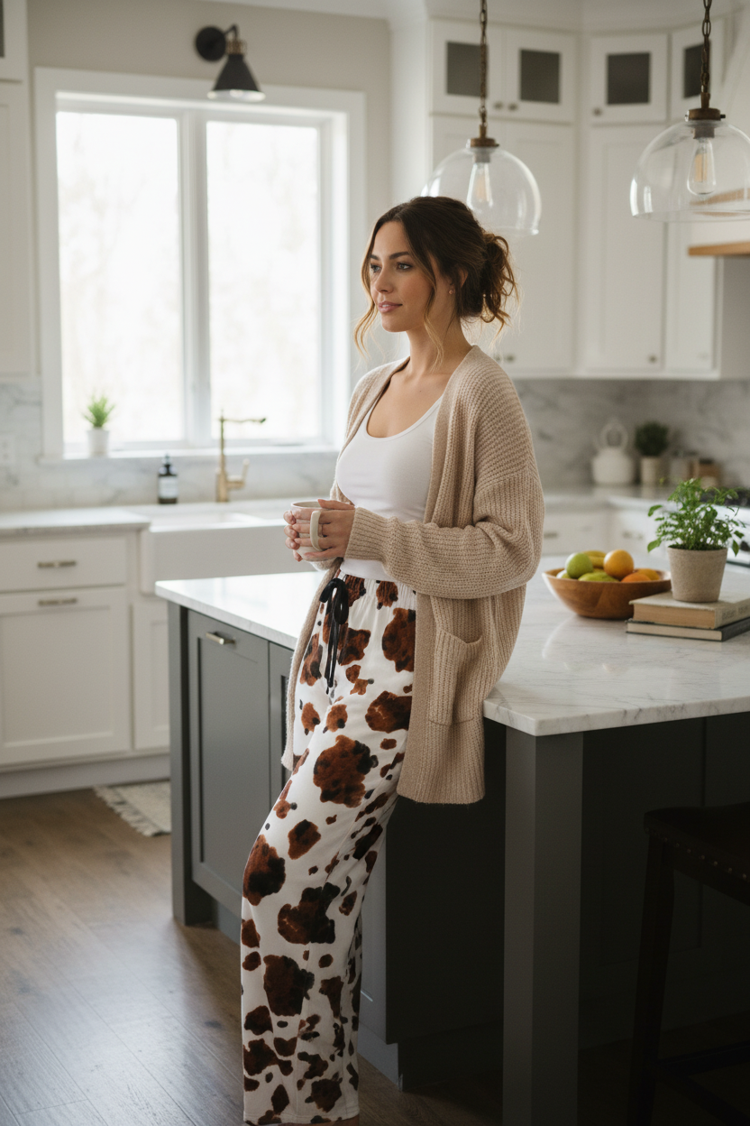 Brown Cow Print Pajama Pants: Western Cowgirl Cowhide Loungeweat
