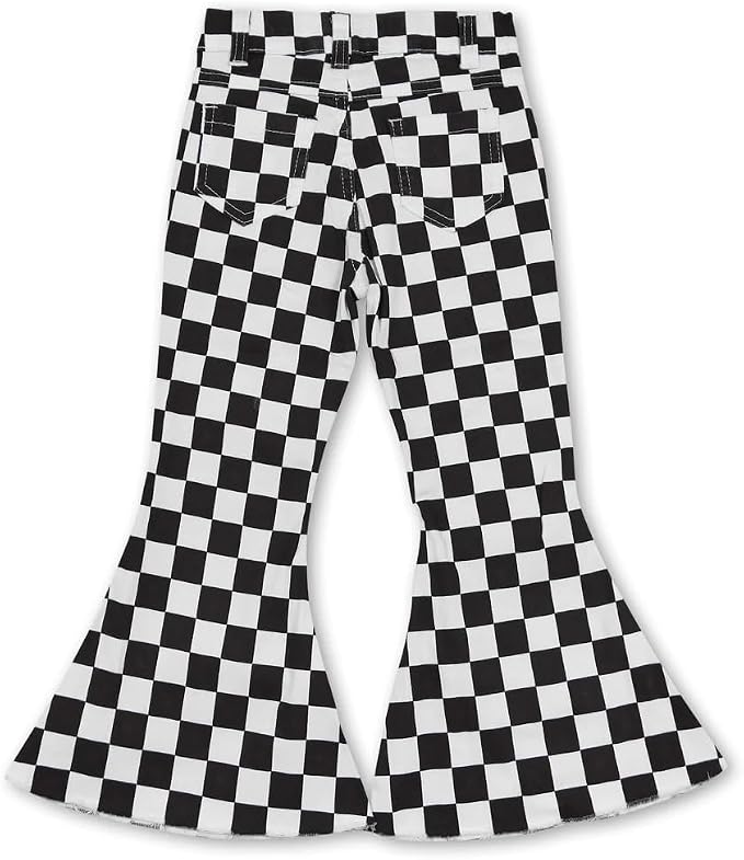 Girls Checkerboard Bell Bottom Jeans, Black White Denim Flare Pants, Boutique Western Jeans