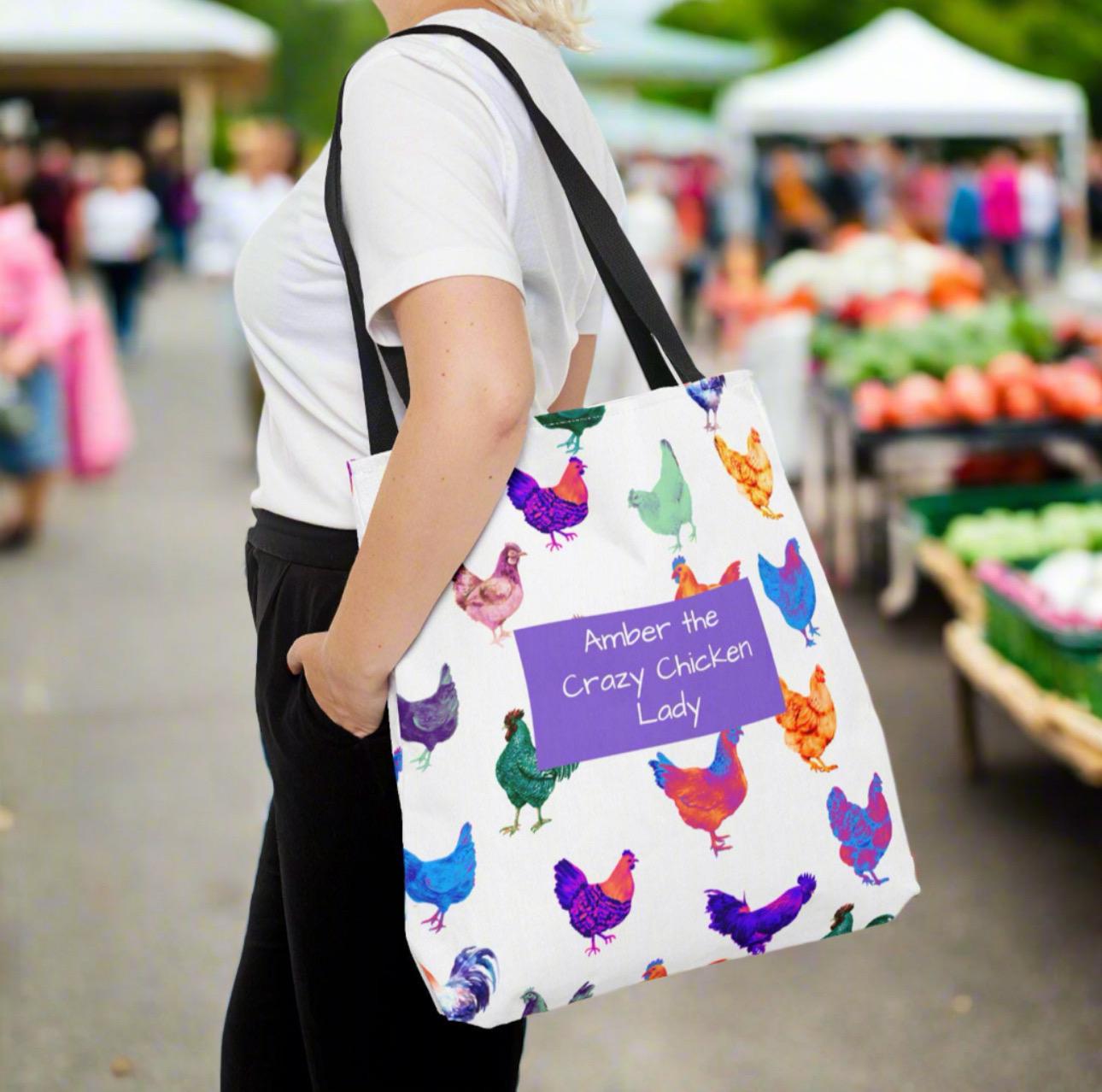 Personalized CRAZY CHICKEN LADY Tote Bag, ,  Custom Name Gift for Chicken Lovers,