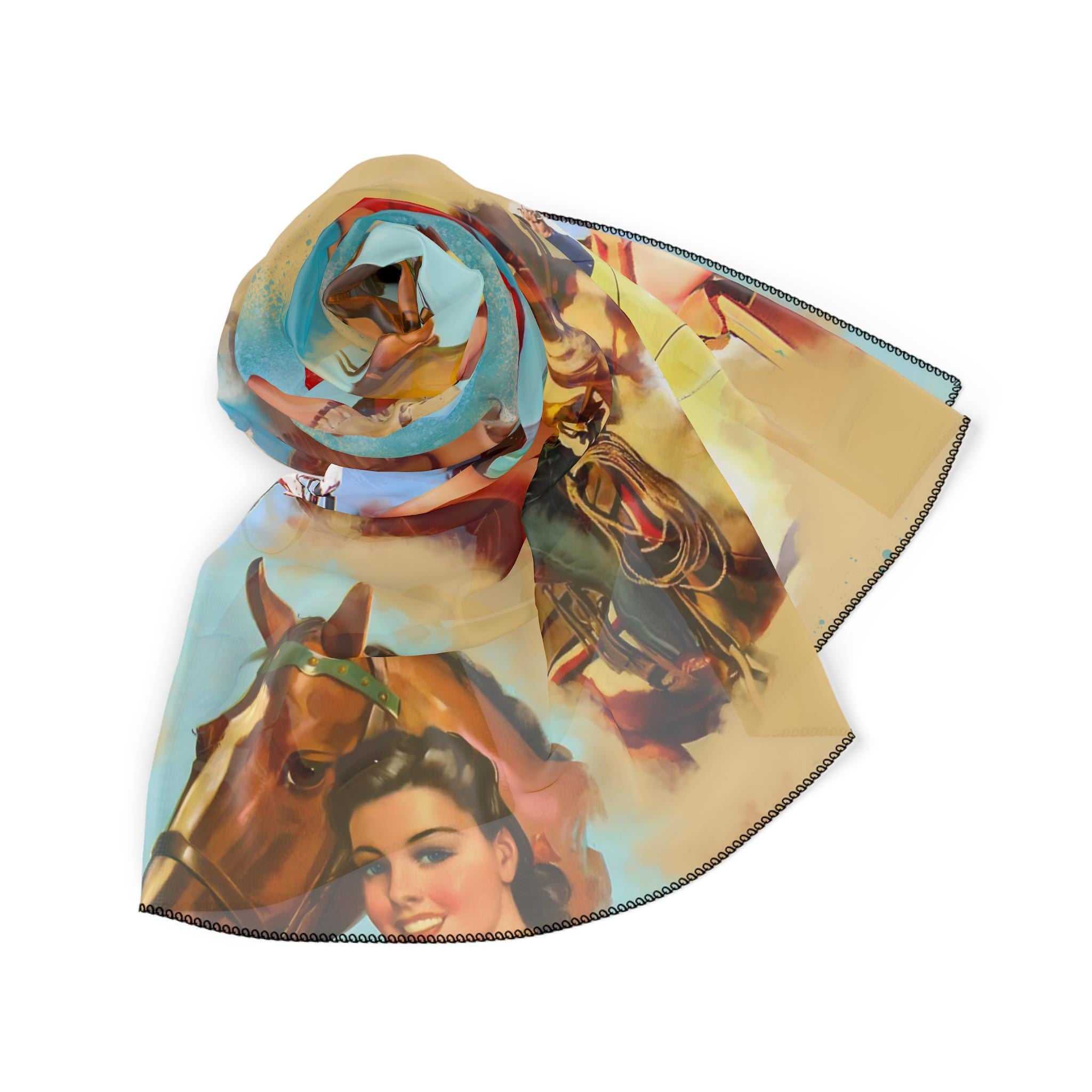 Scarf with horse and rider design on a white background