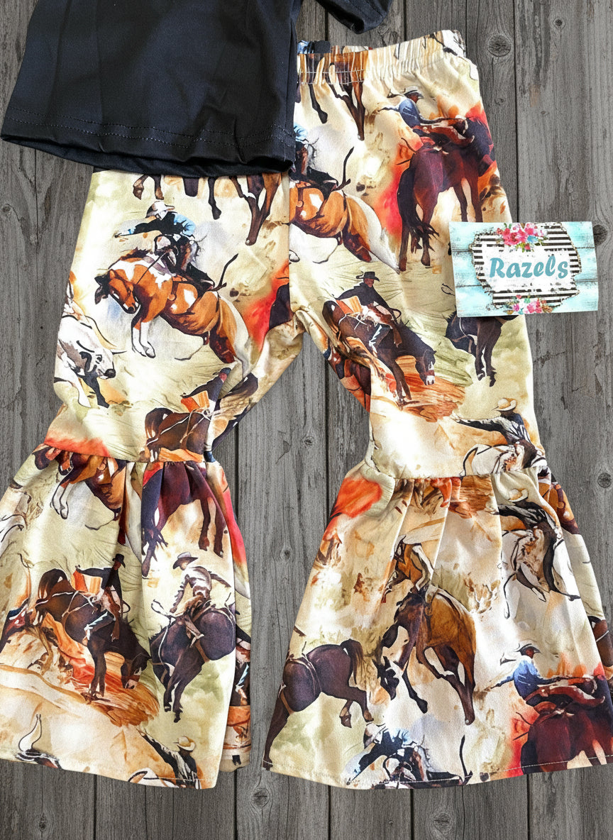 Don’t Go Kissing Cowboys Bell Bottoms, Cowboy Rodeo Flare Pants