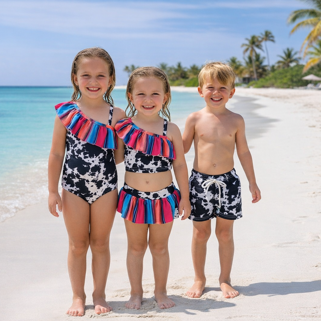 Three children in matching swimsuits standing on a beach with palm trees in the background.