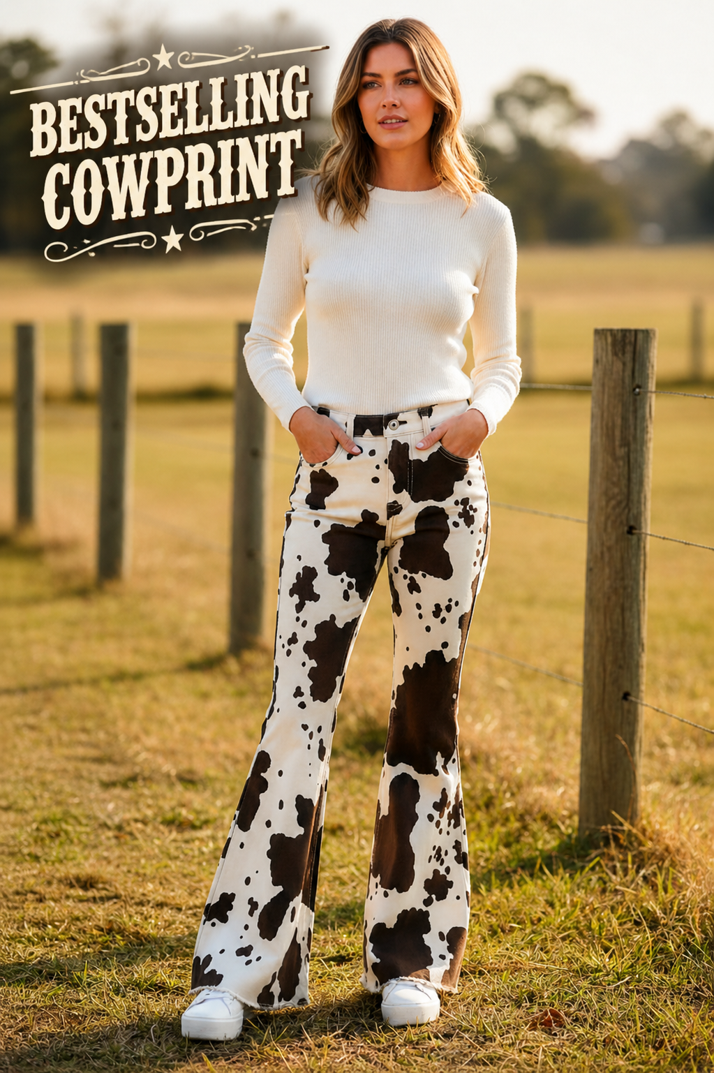 WOMAN STANDING IN FIELD WEARING COWPRINT JEANS AND WHITE SHIRT WITH OVERLAY THAT STATES BESTSELLING COWPRINT 