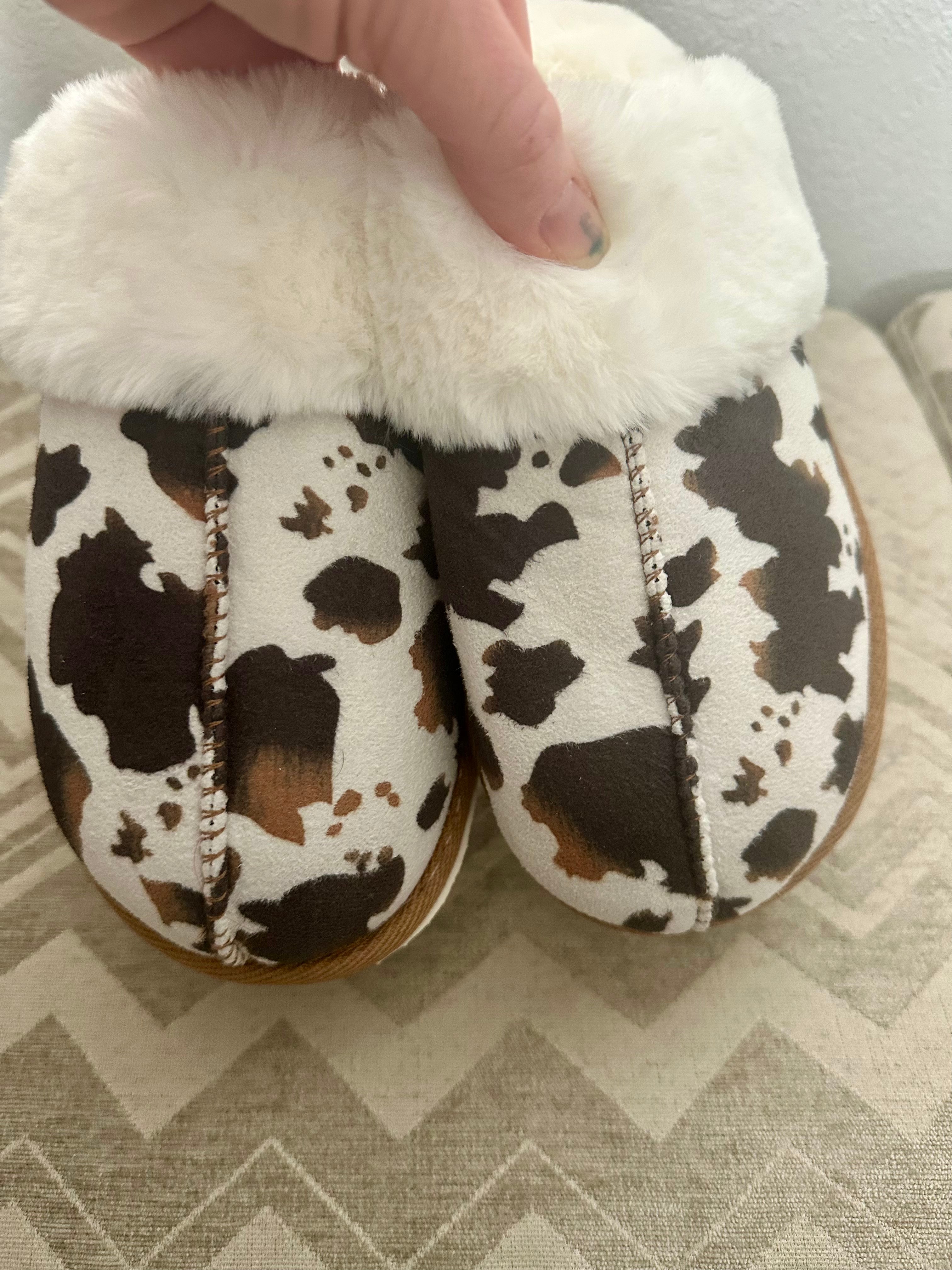 COW PRINT SLIPPERS FOR WOMEN ARE ADORABLE, GREAT PRICE, AND SHIP TODAY FROM MONTANA